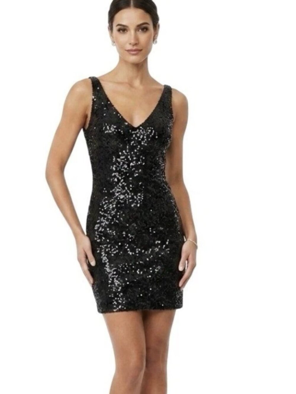 Lulus Sequin Cocktail Dress Womens Small Black Mini V-Neck Bodycon Party Gown